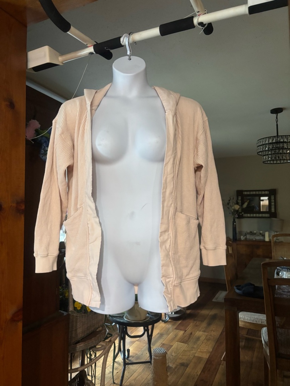 Mono B Women’s Cream Hooded Waffle Knit Jacket Size S 100% Cotton Made in USA